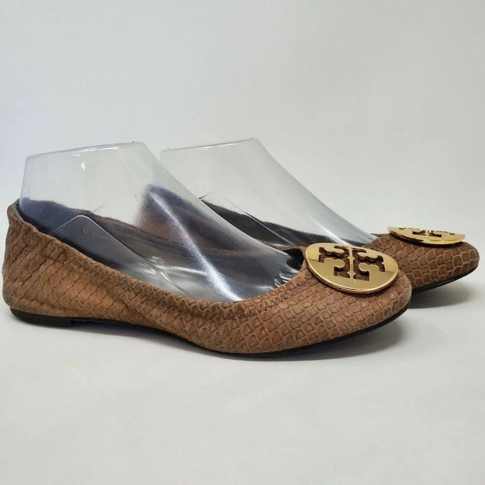 TORY BURCH Brown Reva Ballet Flat Snake Skin Leather Women's Sz 6.5 M